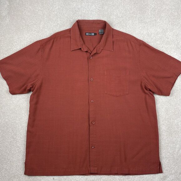 REI Shirt Mens XL Orange Check Button Up Short Sleeve Hiking Outdoor Rayon Blend - Picture 1 of 11